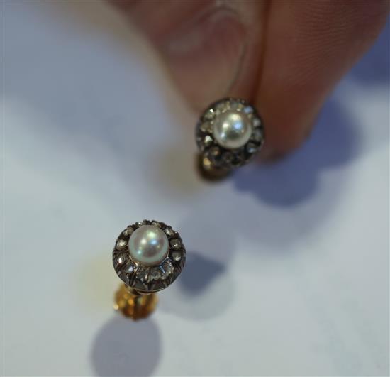 A mid 20th century single strand cultured pearl necklace with diamond and pearl set white gold clasp & pr of earclips.